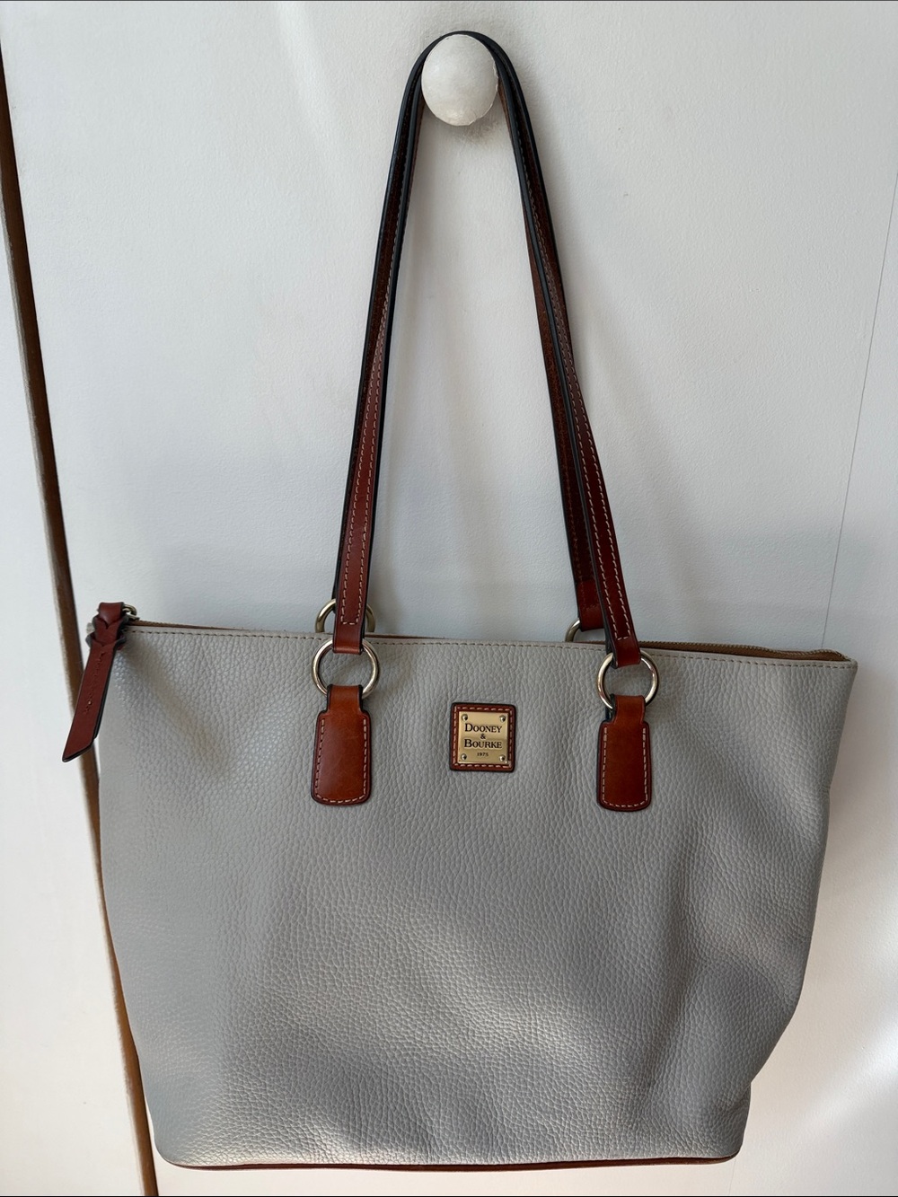 Dooney & Bourke Light Gray Pebbled Leather Tote with Brown Trim